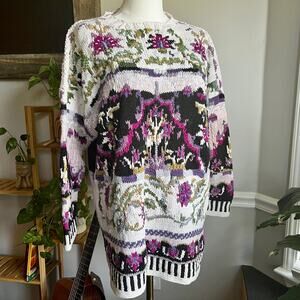 Vintage 90s Cottagecore Black & Purple Chunky Knit Floral Sweater Size Medium